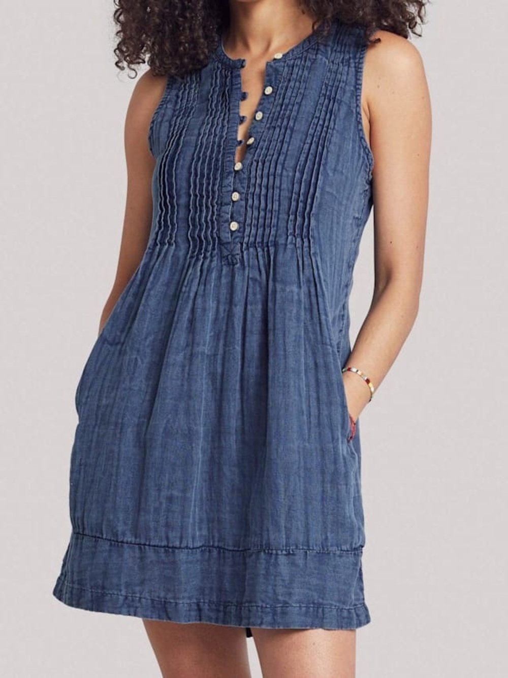 Faherty Isla Dress 100% Cotton Linen Button Front Mini Dress in Denim Blue